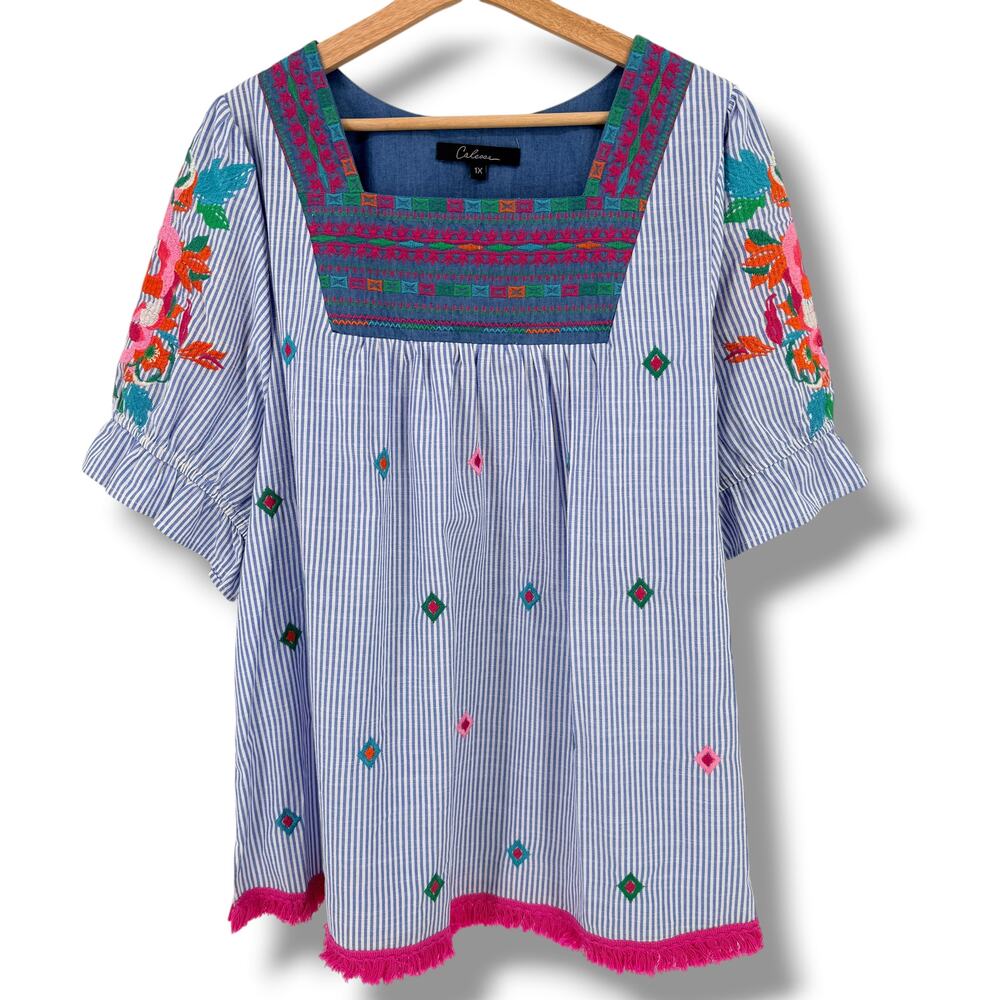 Calessa Blue Stripe Embroidered Boho Shirt Womens Plus Sz 1X Floral
